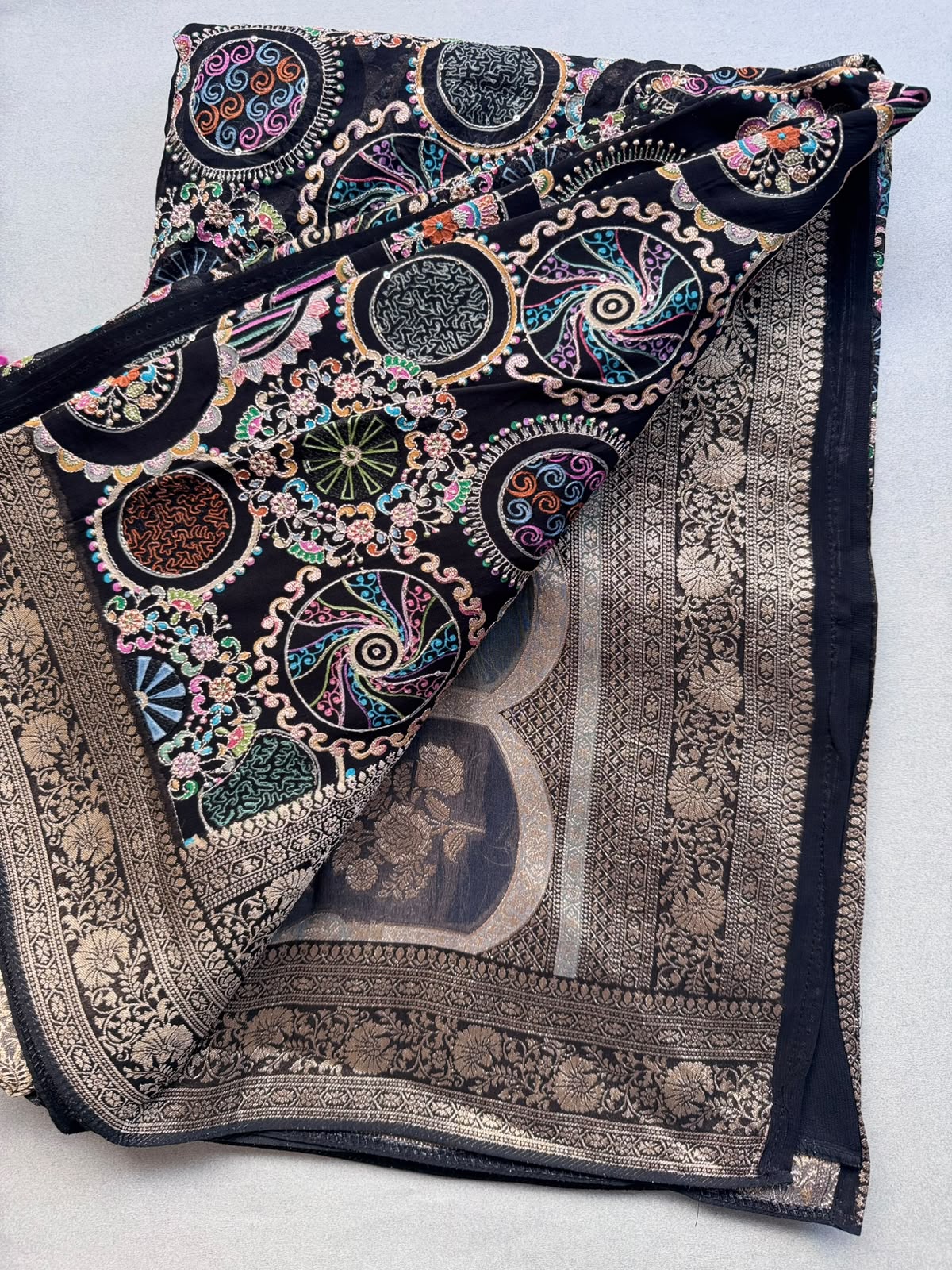 Black Pashmina Georgette Saree 110