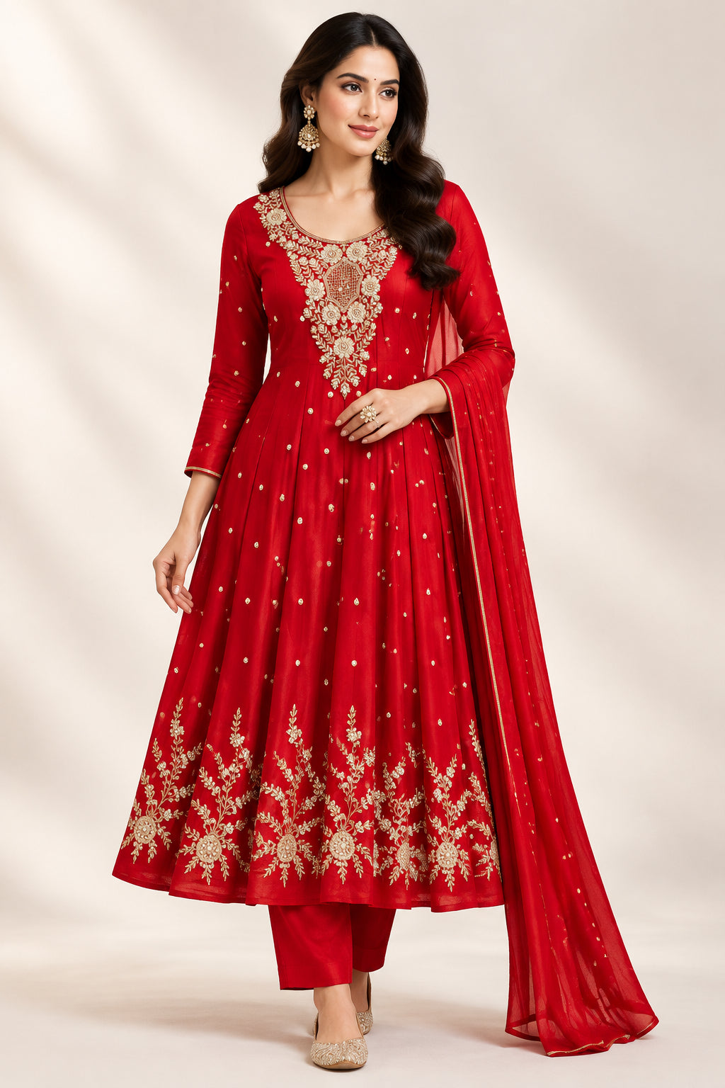 Red Anarkali chinnon handwork party ware Kurtha 567