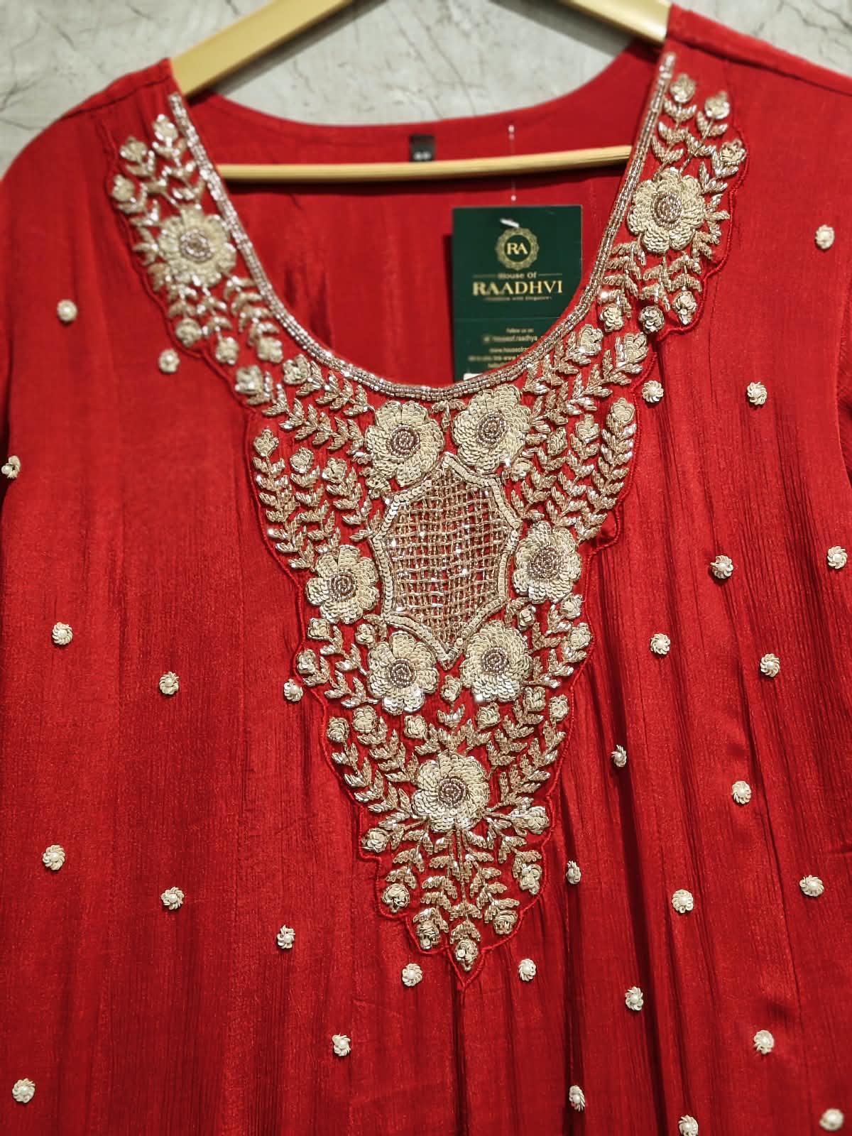 Red Anarkali chinnon handwork party ware Kurtha 567