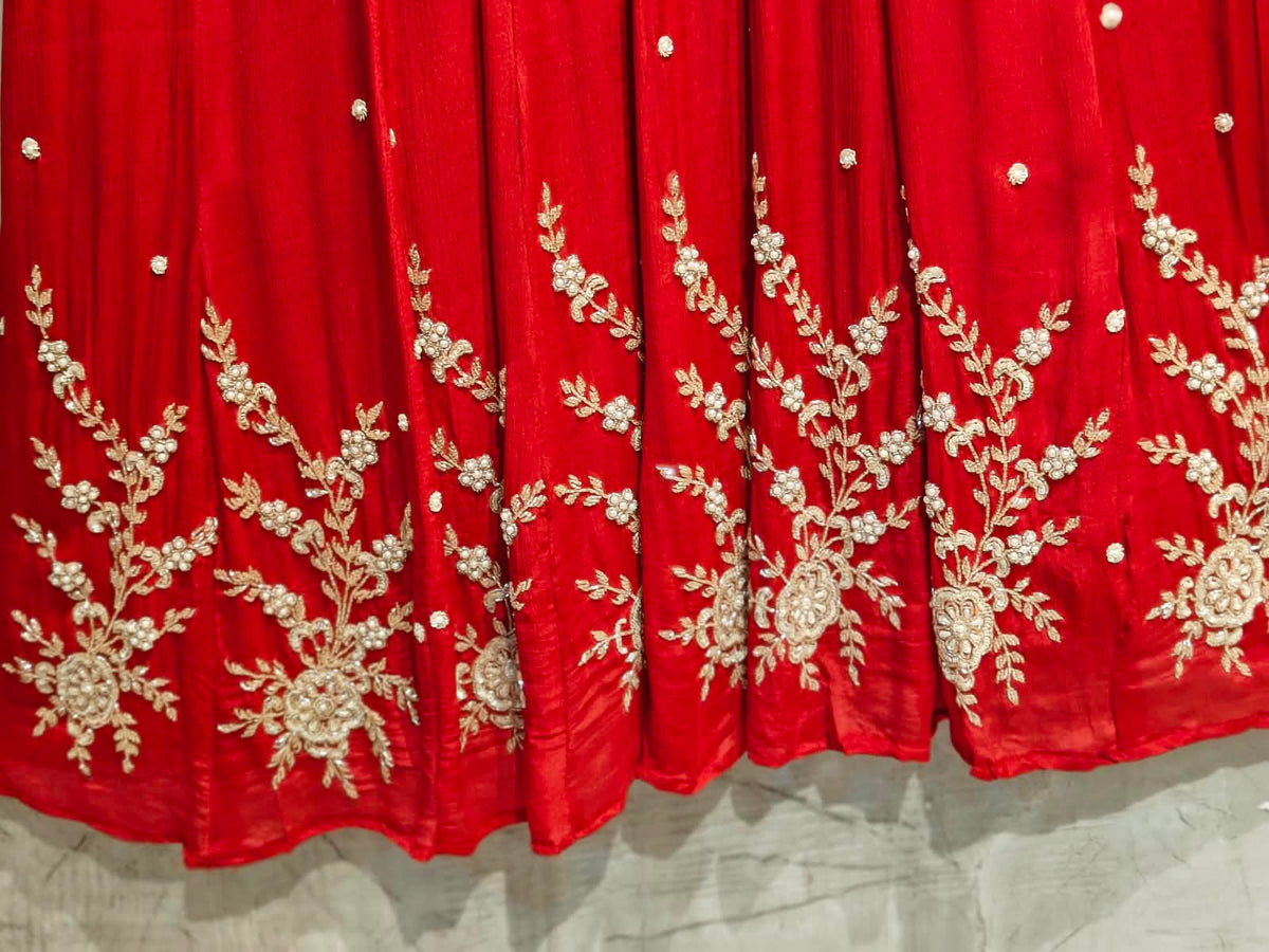 Red Anarkali chinnon handwork party ware Kurtha 567