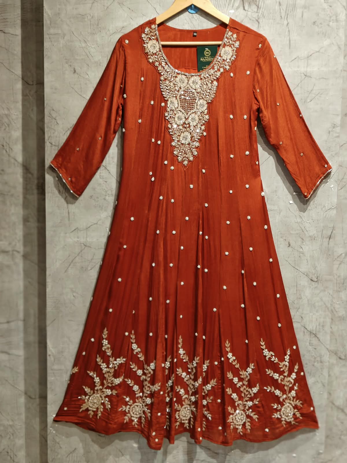 Orange Anarkali chinnon handwork party ware Kurtha 567
