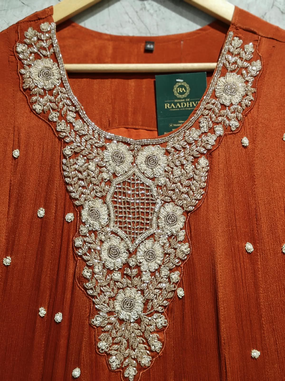 Orange Anarkali chinnon handwork party ware Kurtha 567