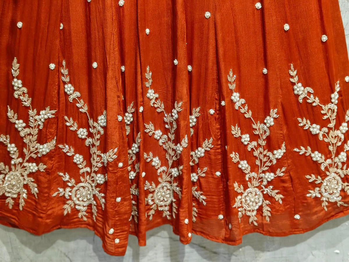 Orange Anarkali chinnon handwork party ware Kurtha 567