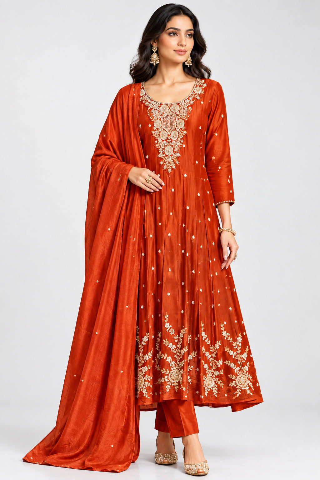 Orange Anarkali chinnon handwork party ware Kurtha 567