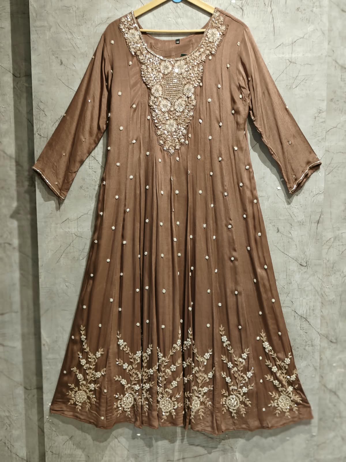 Light Brown Anarkali chinnon handwork party ware Kurtha 567