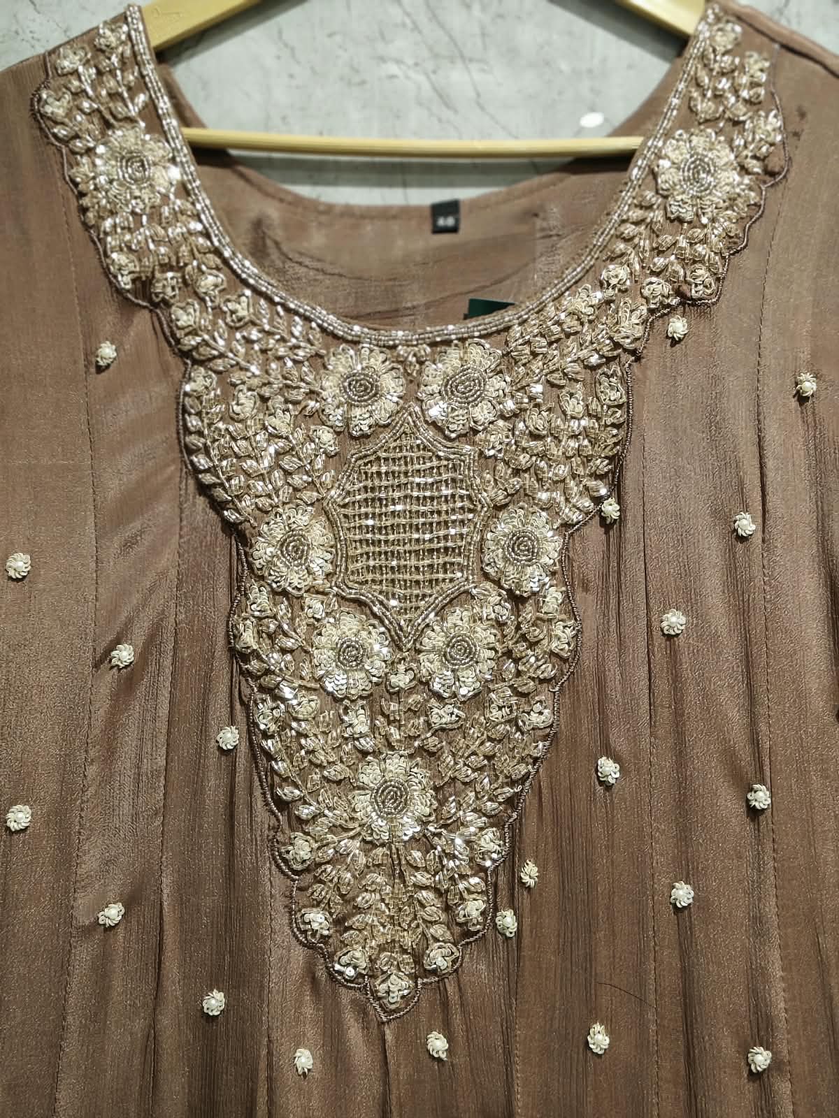 Light Brown Anarkali chinnon handwork party ware Kurtha 567