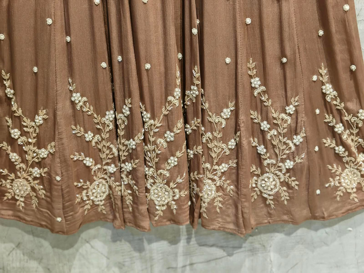 Light Brown Anarkali chinnon handwork party ware Kurtha 567