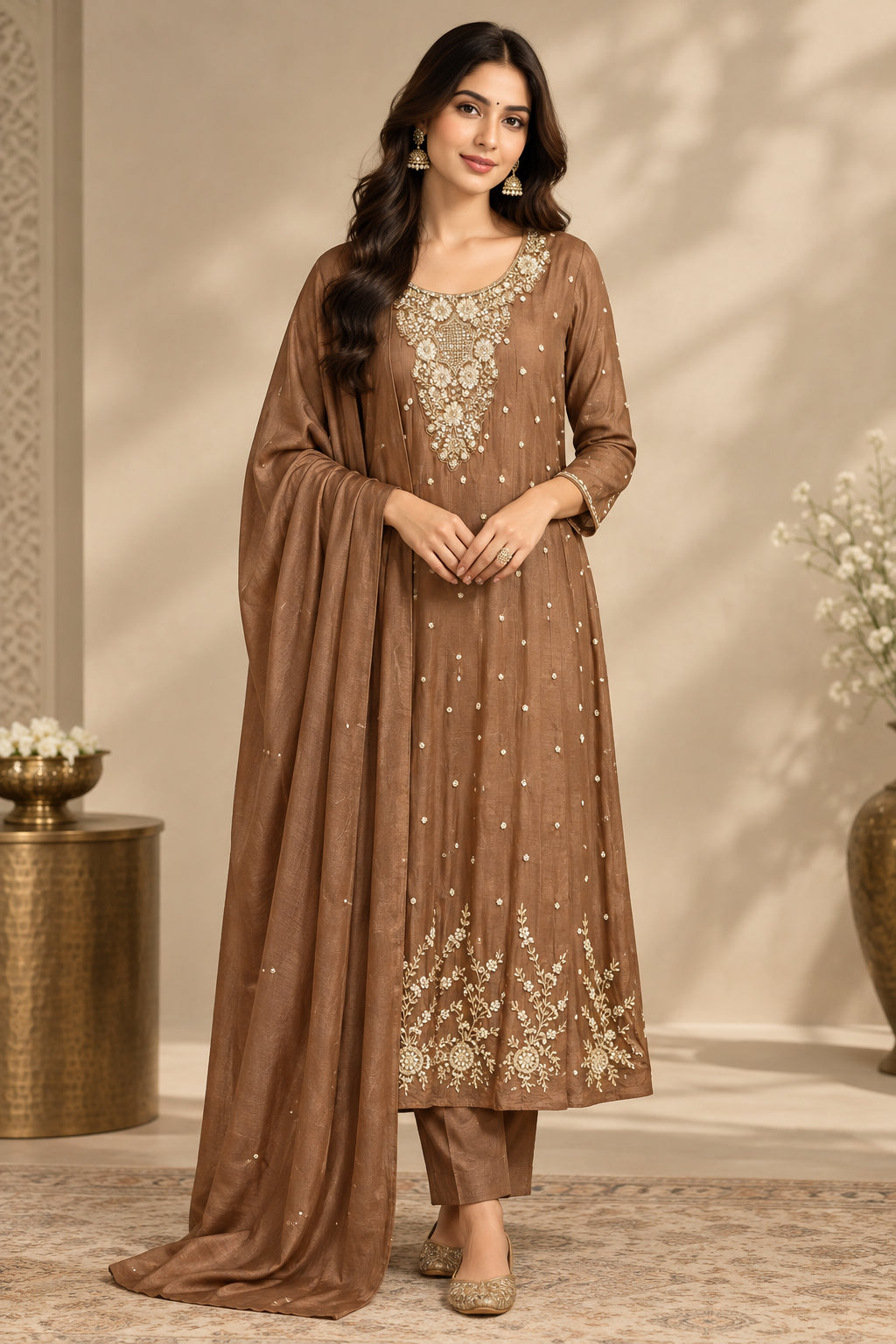 Light Brown Anarkali chinnon handwork party ware Kurtha 567