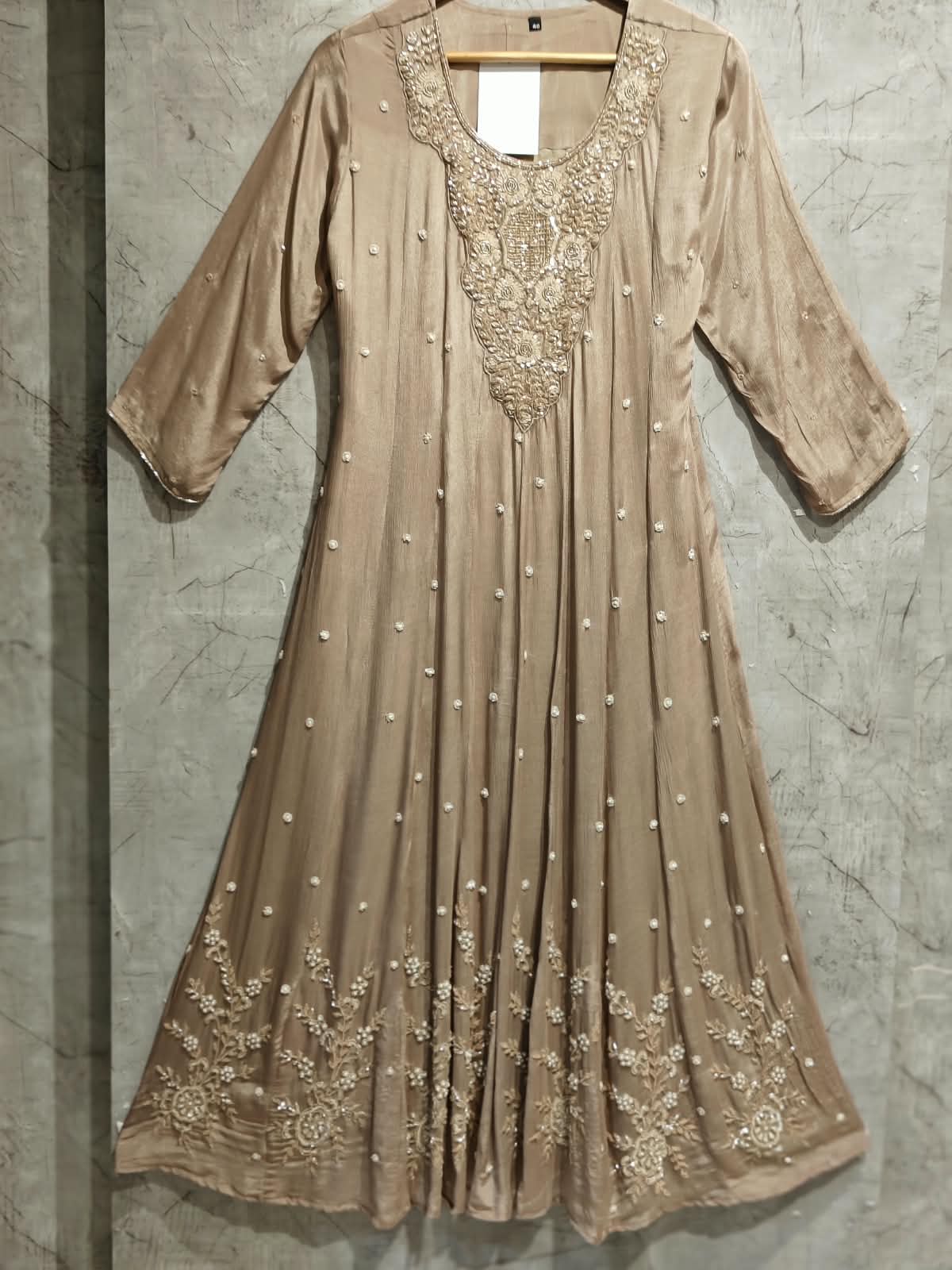Beige Anarkali chinnon handwork party ware Kurtha 567
