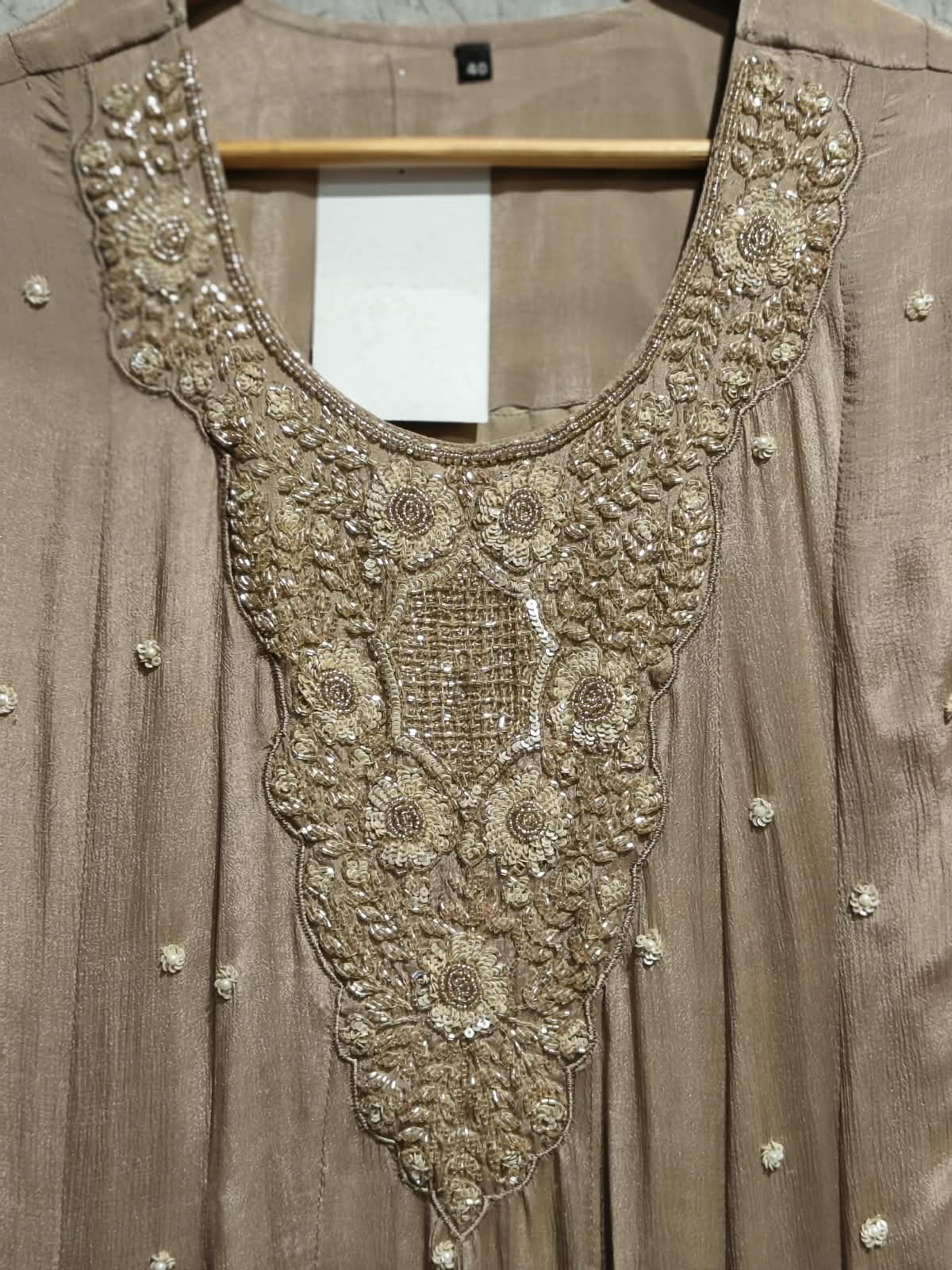 Beige Anarkali chinnon handwork party ware Kurtha 567