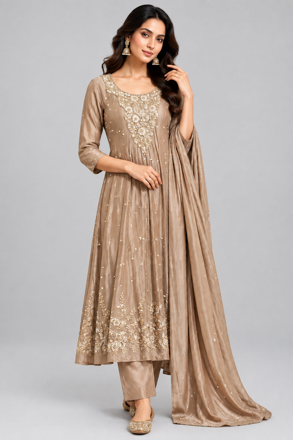 Beige Anarkali chinnon handwork party ware Kurtha 567