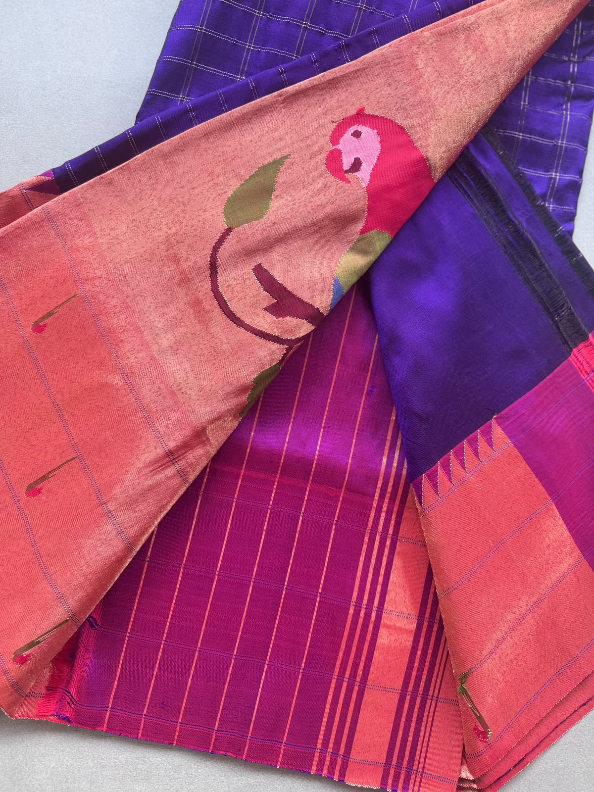 Purple Checks Pure Paithani Silk Saree (Swara)