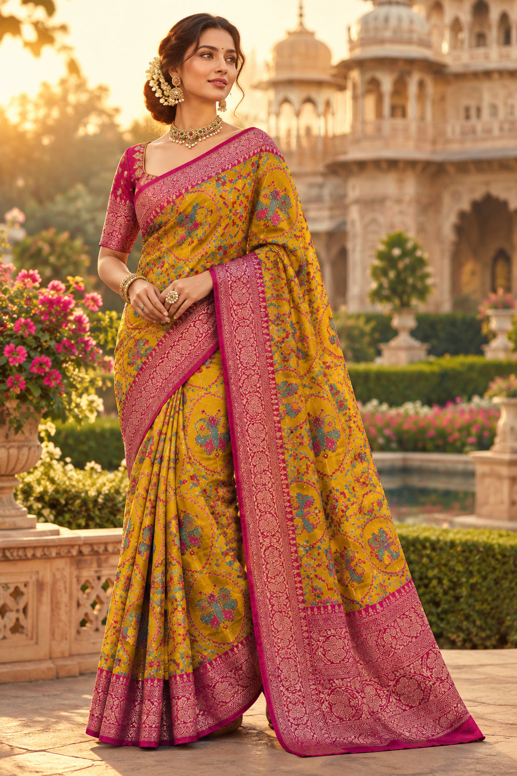 Mustard yellow Pashmina Georgette Saree 110