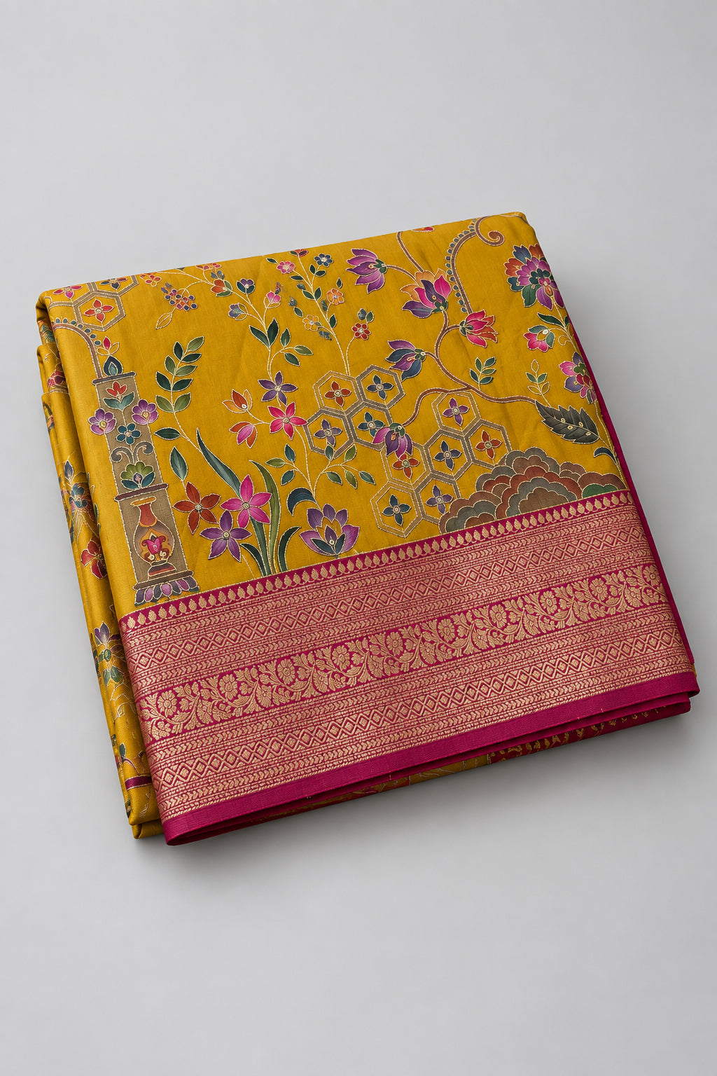 Mustard yellow Pashmina Georgette Saree 110