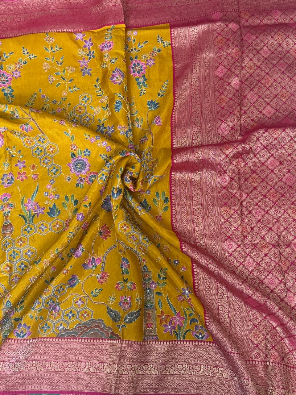 Mustard yellow Pashmina Georgette Saree 110