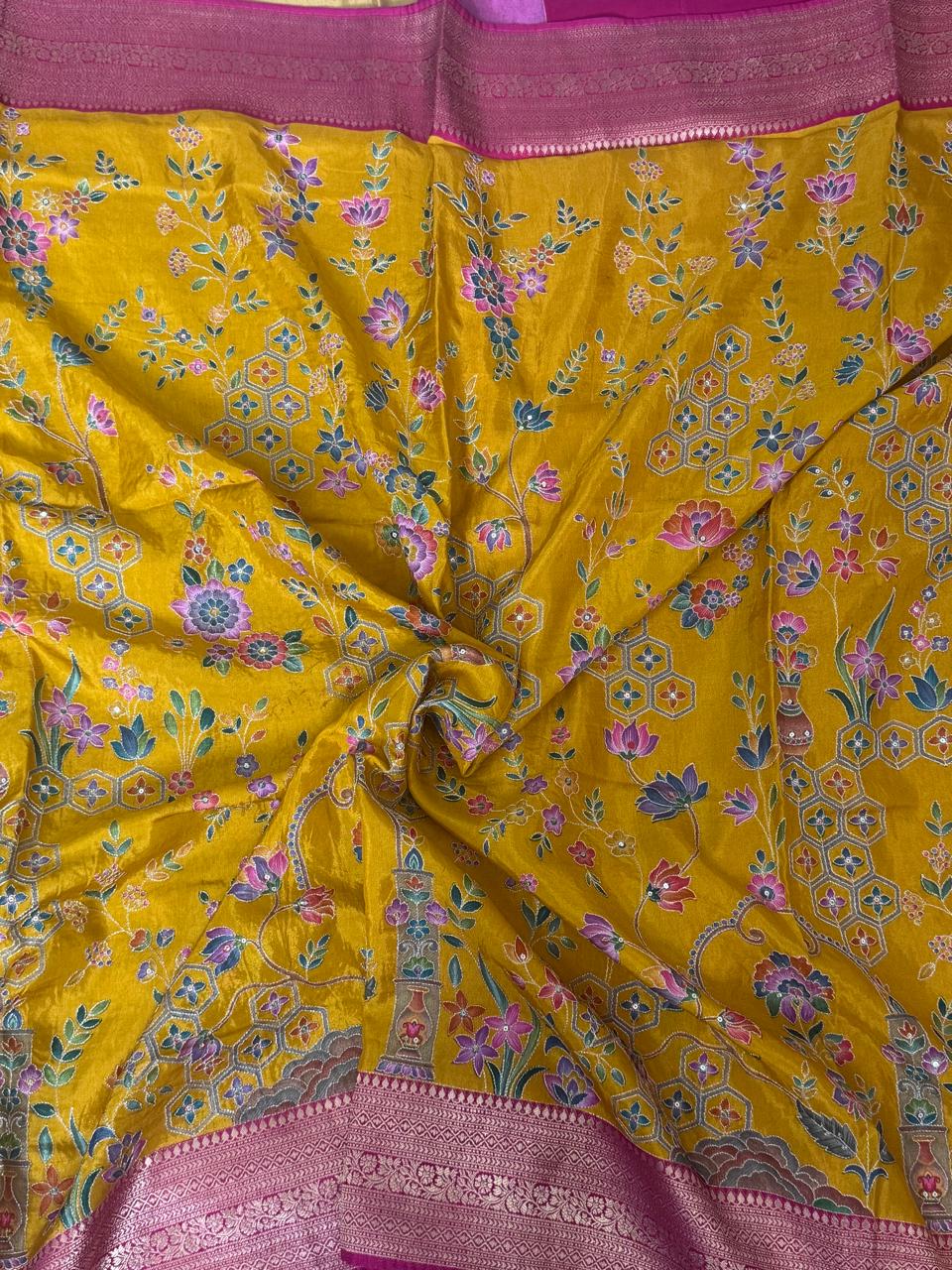 Mustard yellow Pashmina Georgette Saree 110