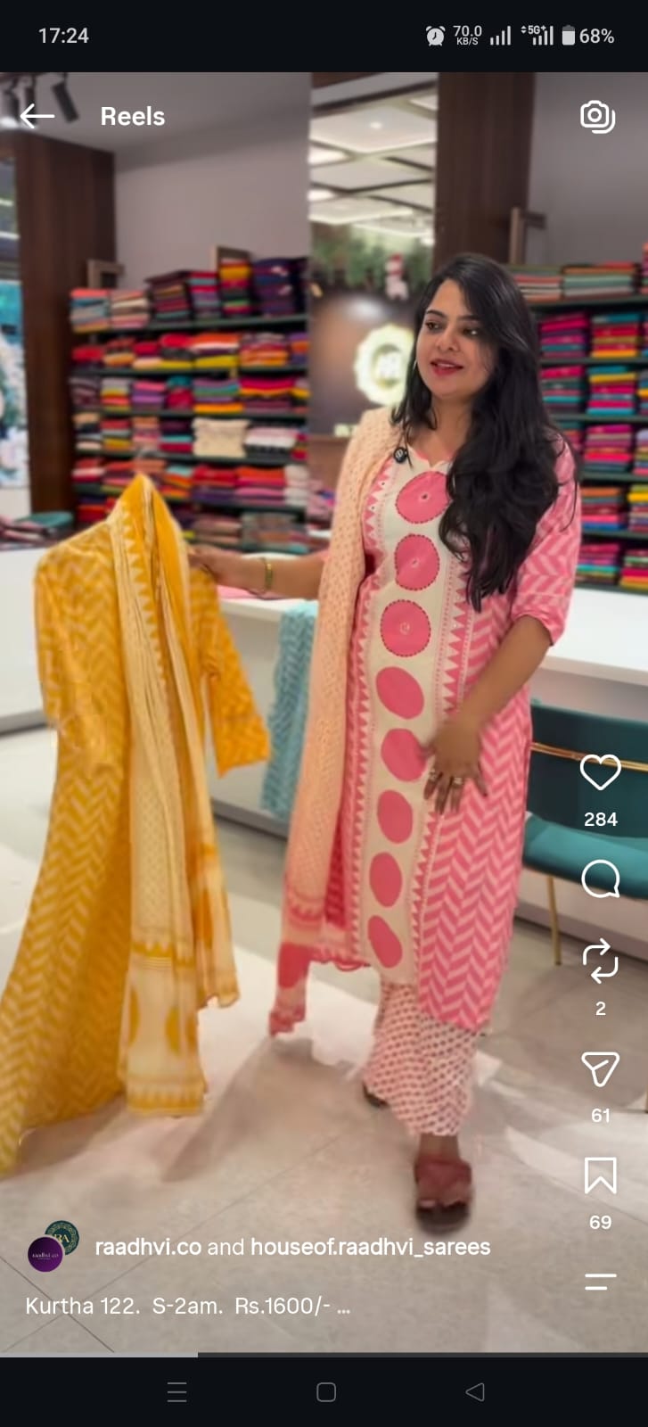 Pink Cotton Hand Embroidery Straight Fit Kurtha 122