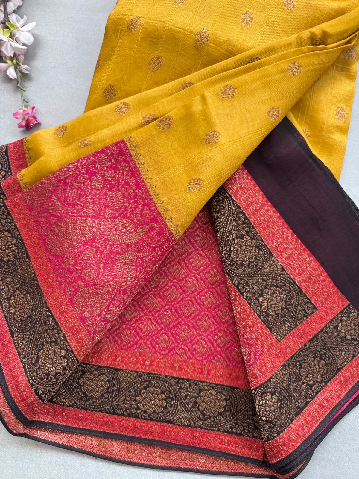 Mustard 3D Border Tussar Georgette Saree 110
