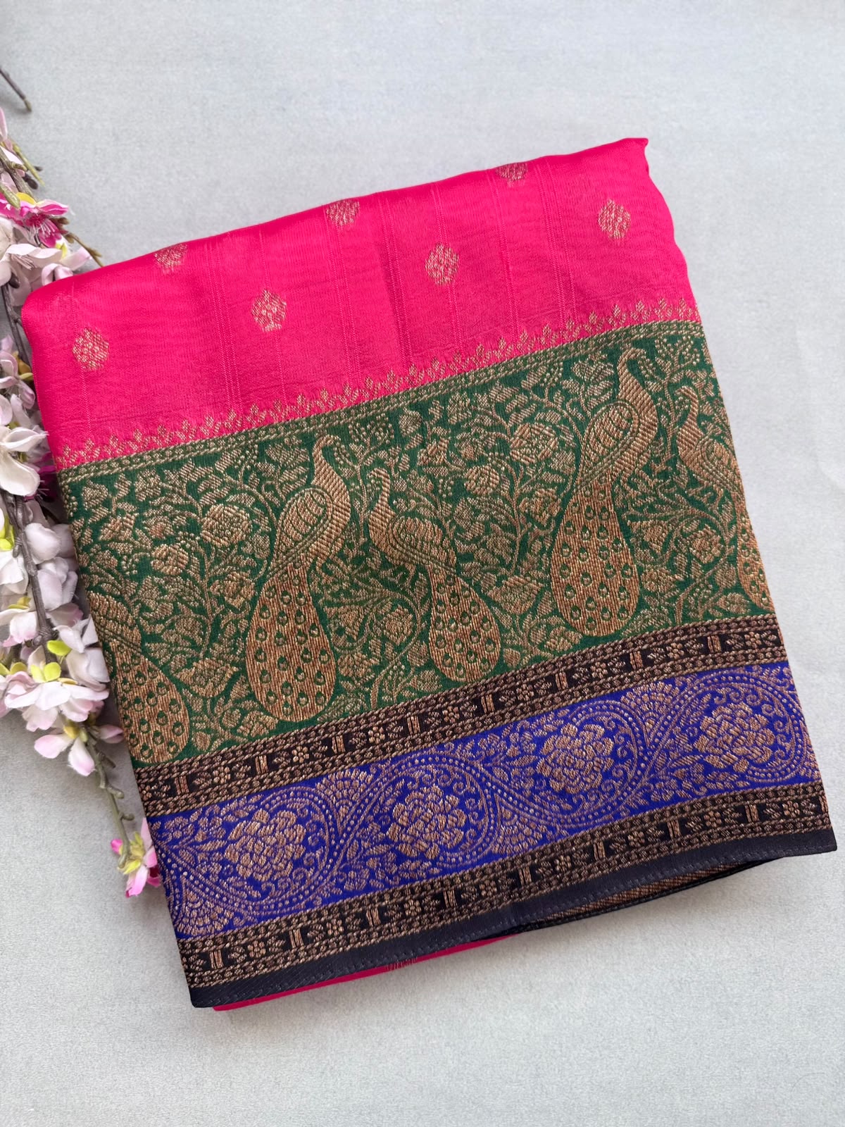 Pink 3D Border Tussar Georgette Saree 110