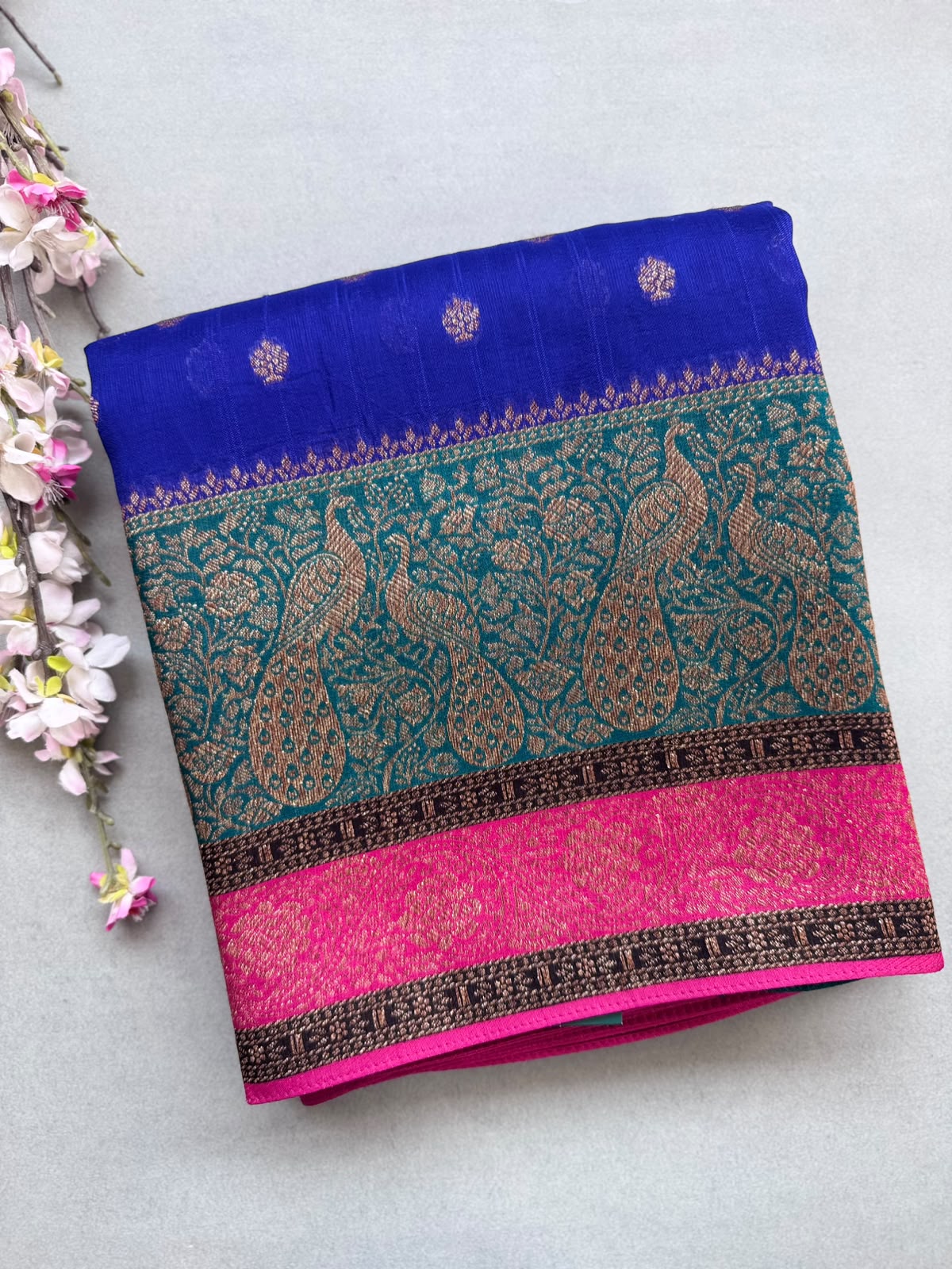 Navy Blue 3D Border Tussar Georgette Saree 110