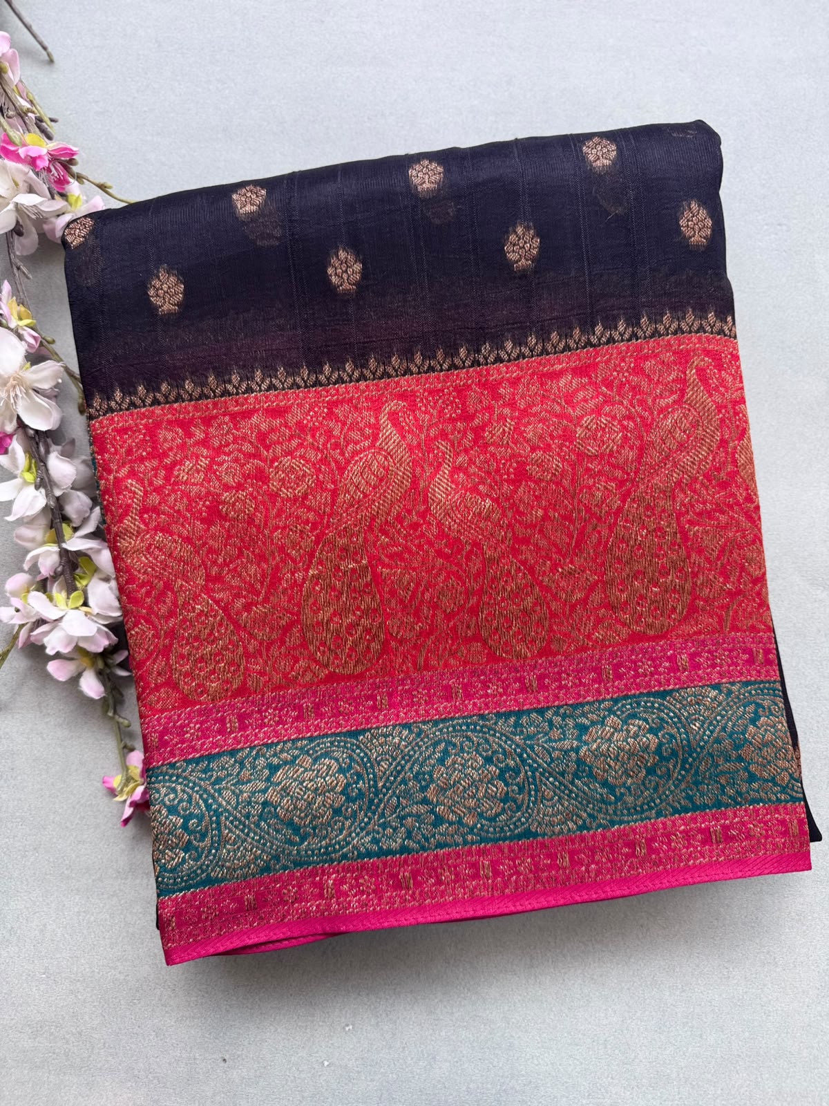 Black 3D Border Tussar Georgette Saree 110