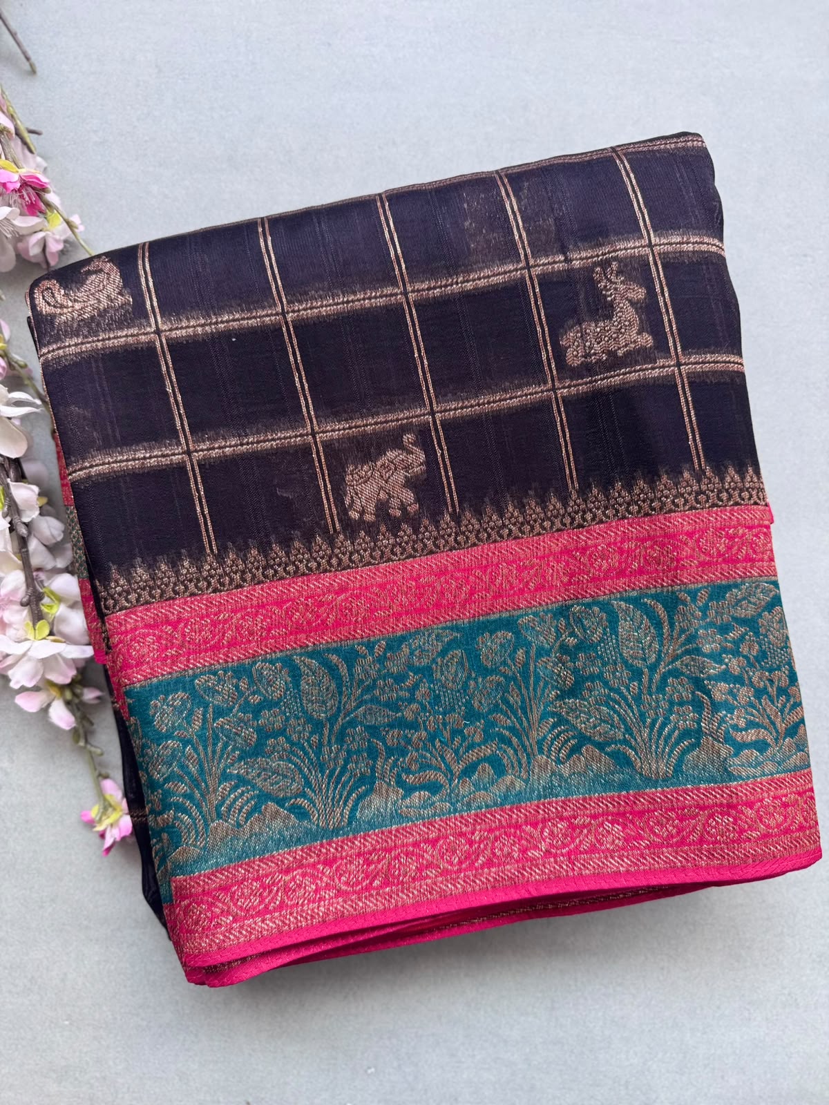 Black 3D Border Tussar Georgette Saree 110
