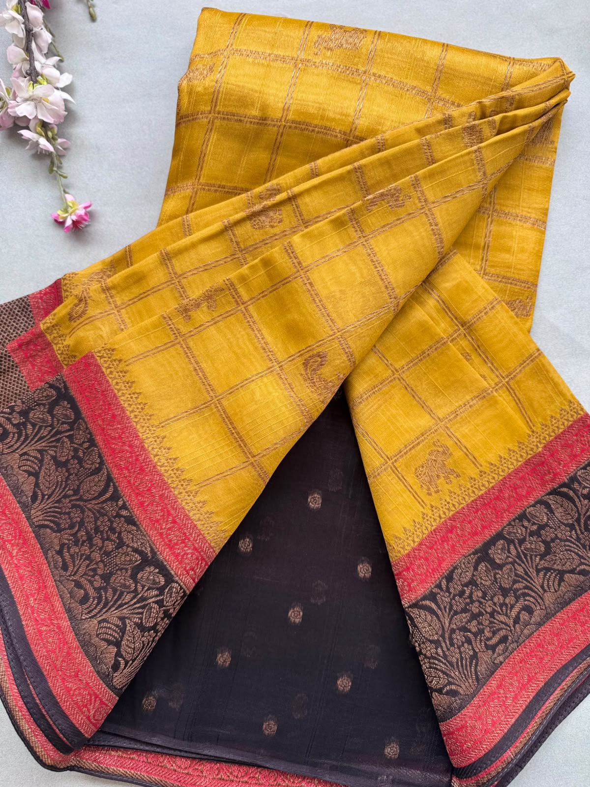 Mustard 3D Border Tussar Georgette Saree 110