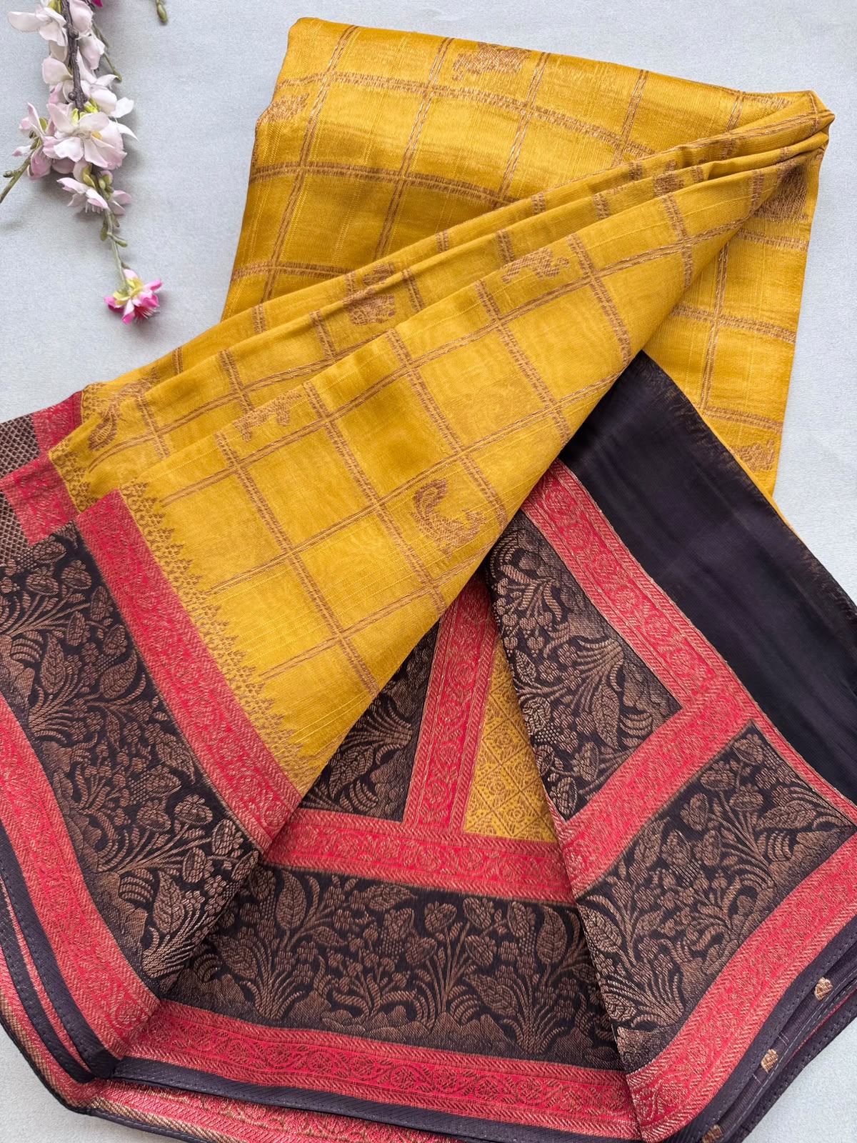 Mustard 3D Border Tussar Georgette Saree 110