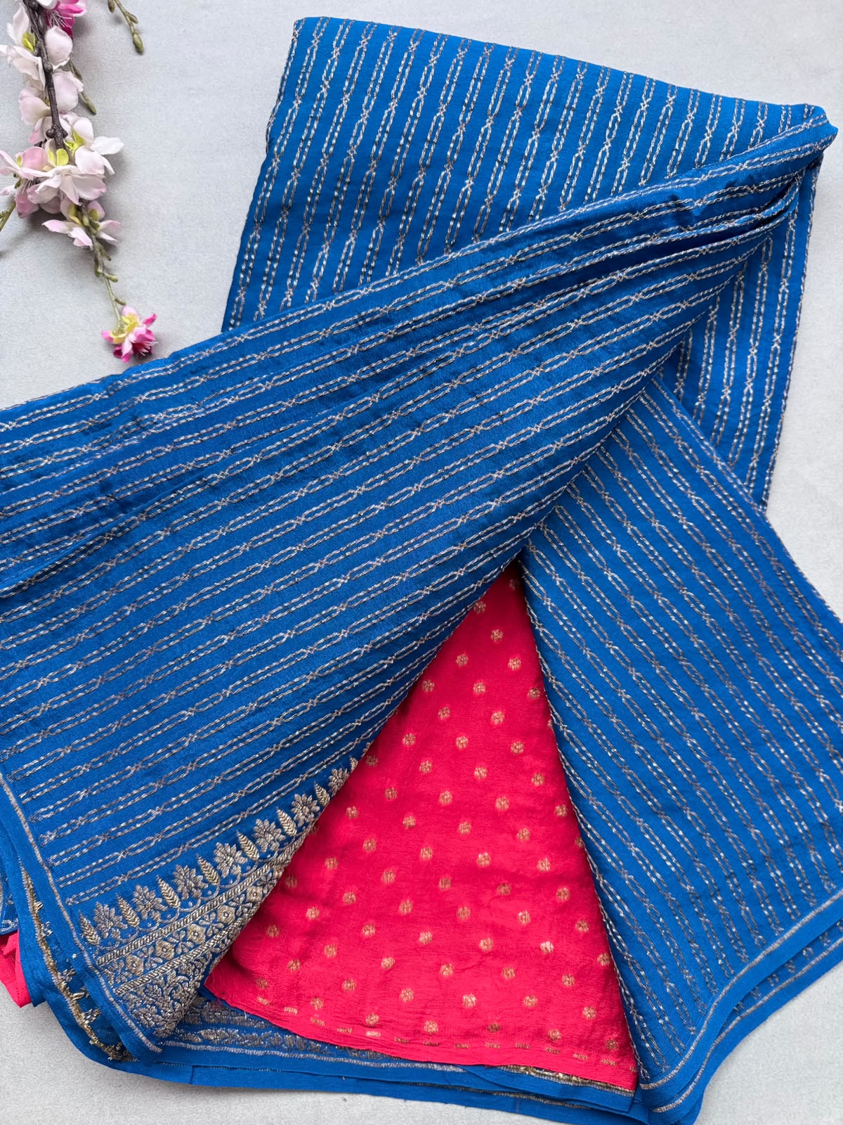 Blue Pure Benarasi Crepe with Contrast Blouse Saree 110