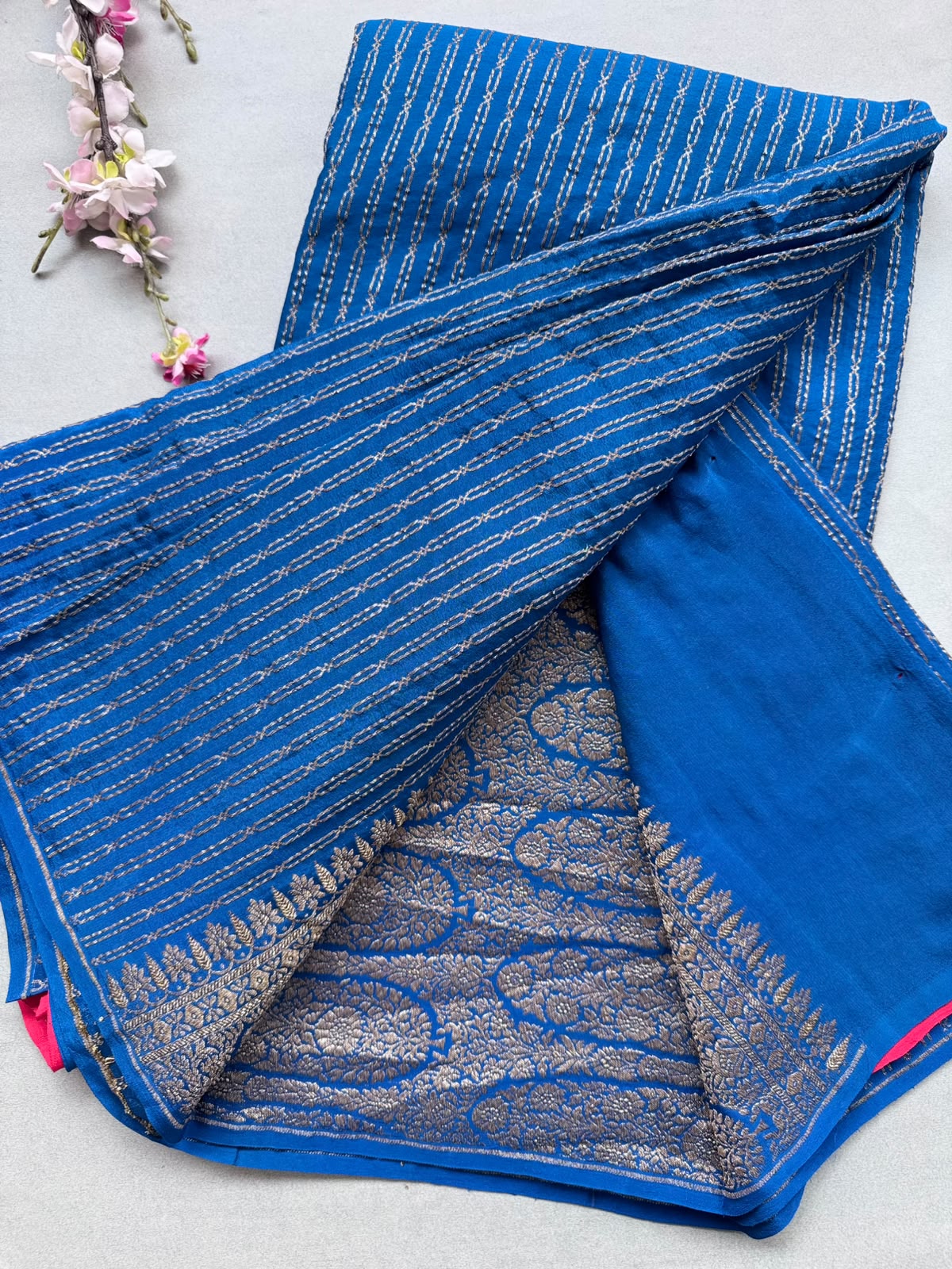 Blue Pure Benarasi Crepe with Contrast Blouse Saree 110