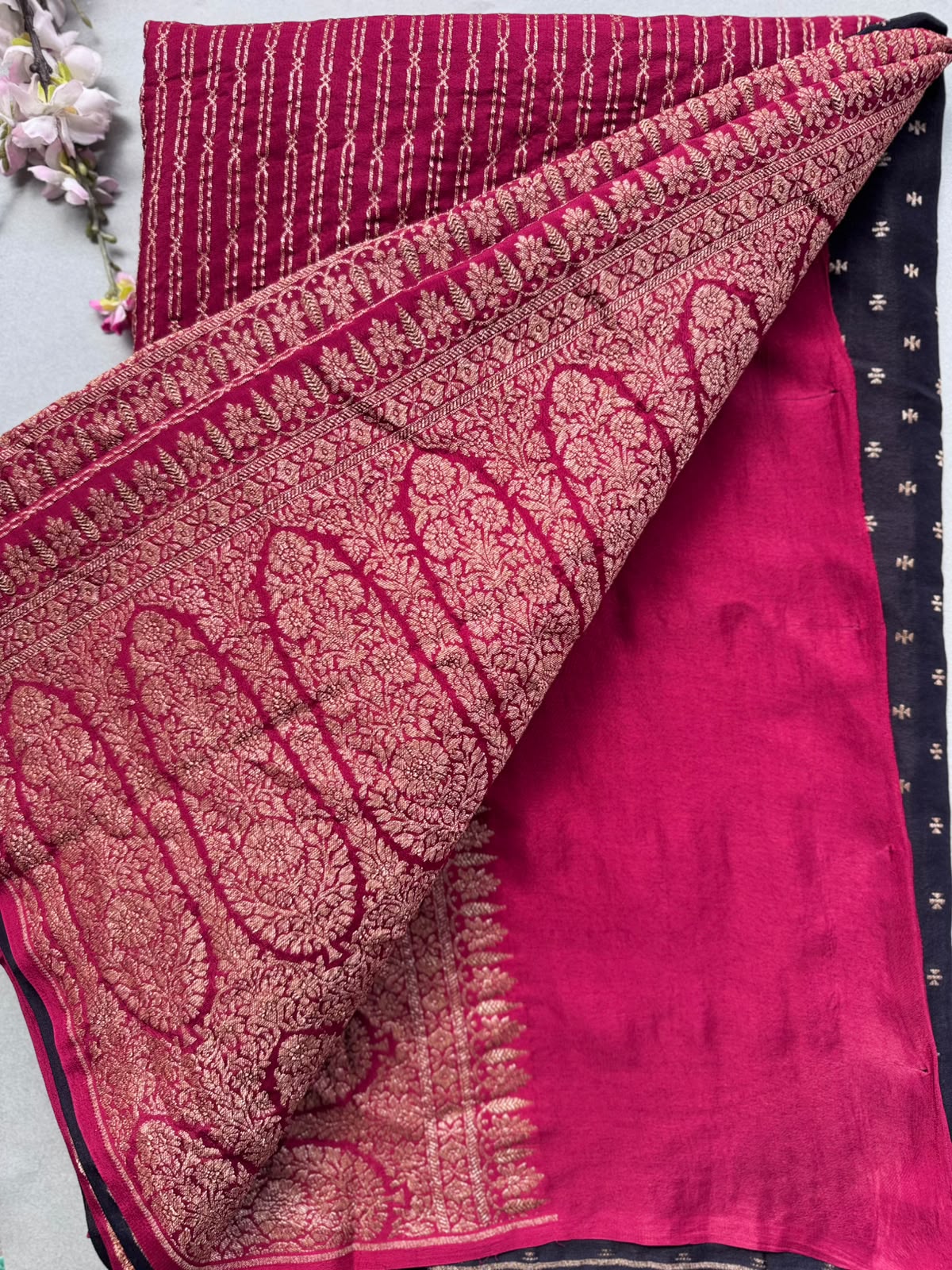 Maroon Pure Benarasi Crepe with Contrast Blouse Saree 110