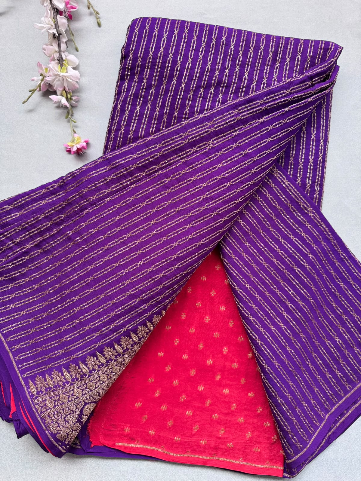 Purple Pure Benarasi Crepe with Contrast Blouse Saree 110