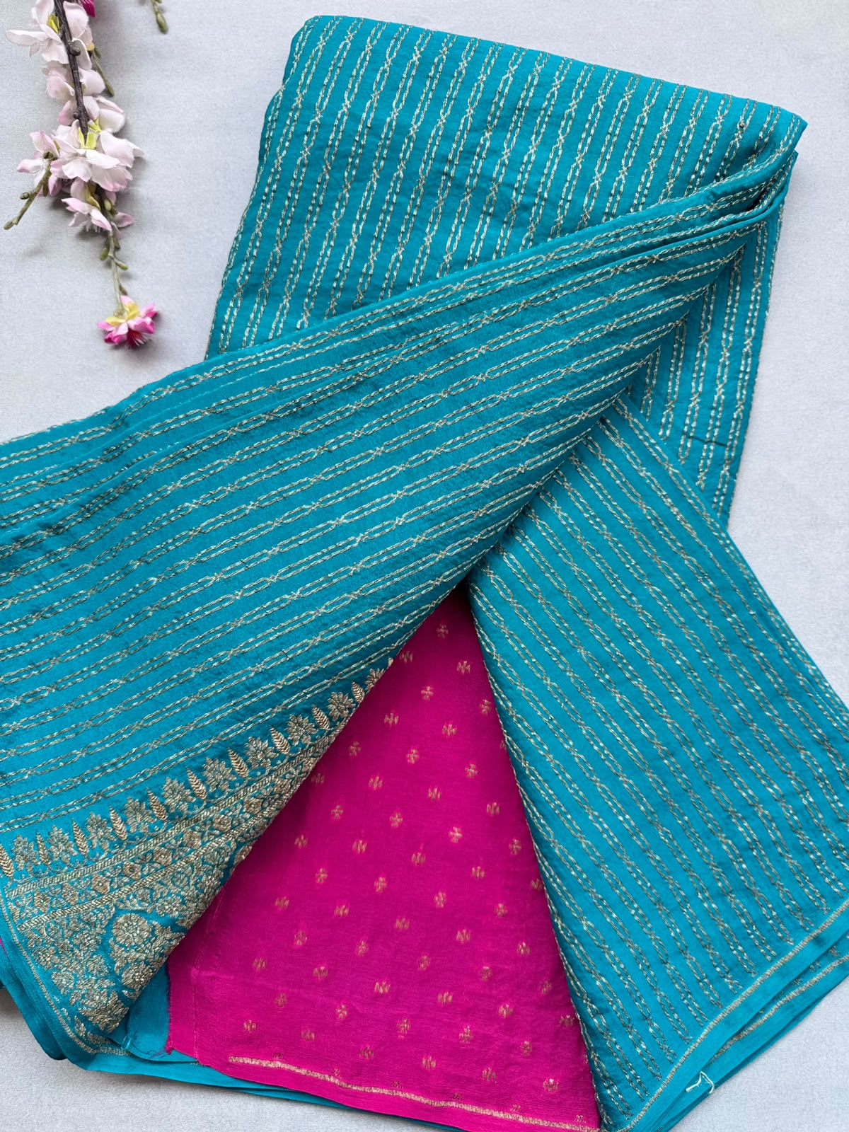 Teal Pure Benarasi Crepe with Contrast Blouse Saree 110