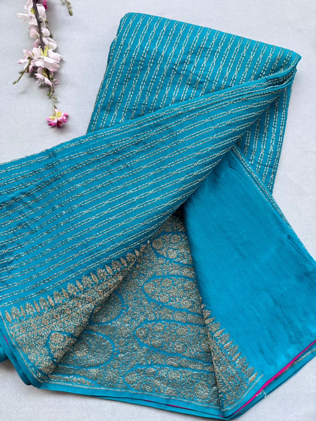 Teal Pure Benarasi Crepe with Contrast Blouse Saree 110