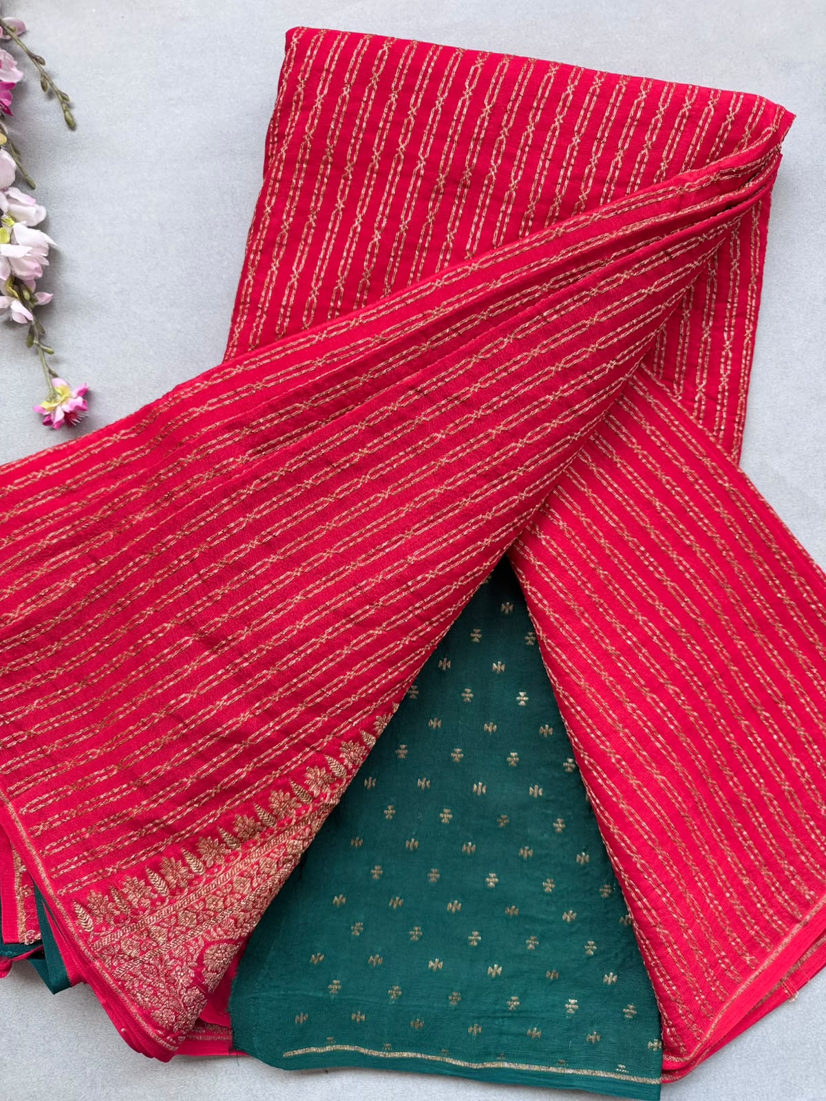 Red Pure Benarasi Crepe with Contrast Blouse Saree 110