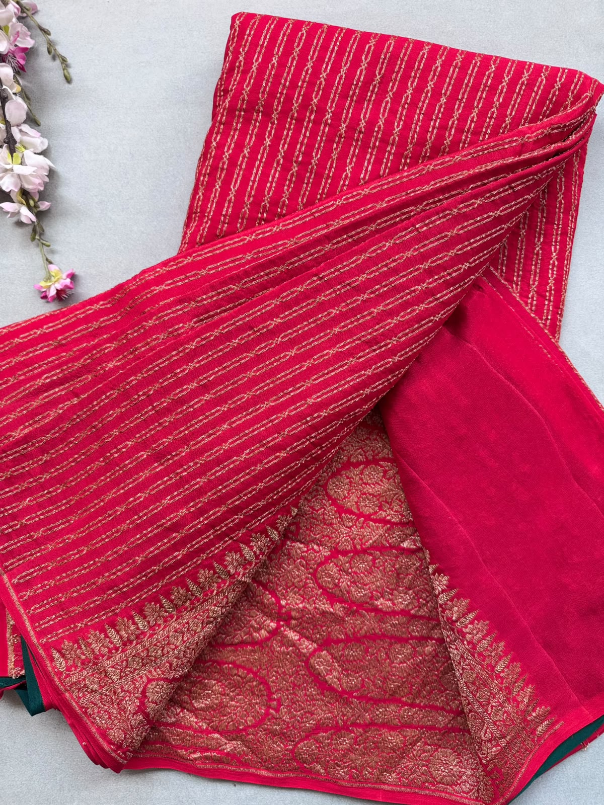 Red Pure Benarasi Crepe with Contrast Blouse Saree 110