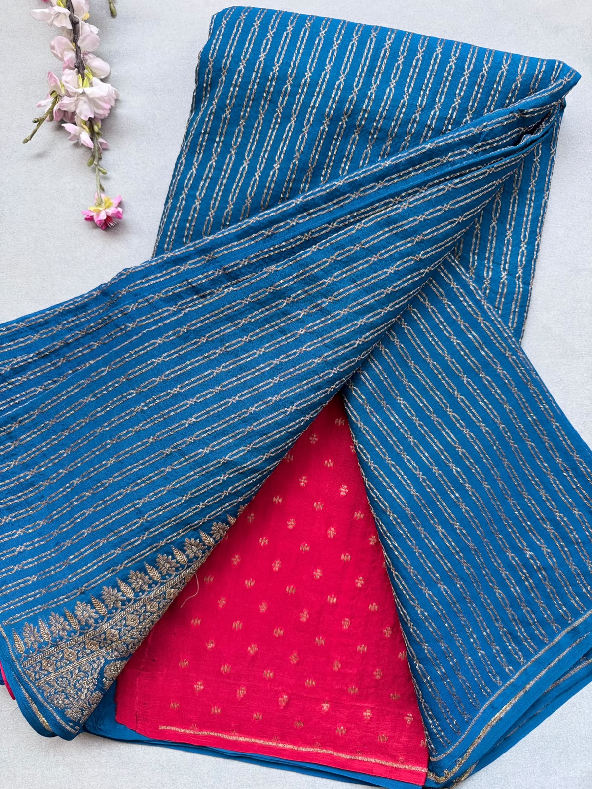 Blue Pure Benarasi Crepe with Contrast Blouse Saree 110