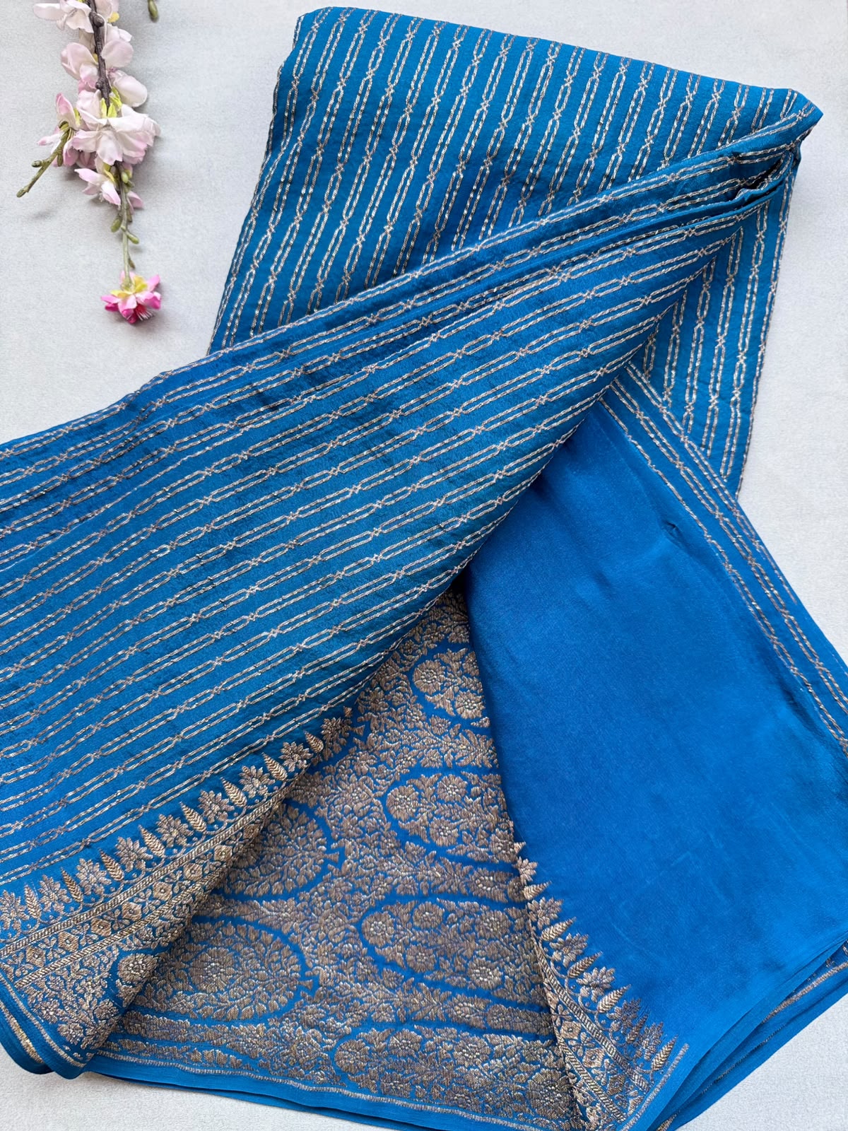 Blue Pure Benarasi Crepe with Contrast Blouse Saree 110