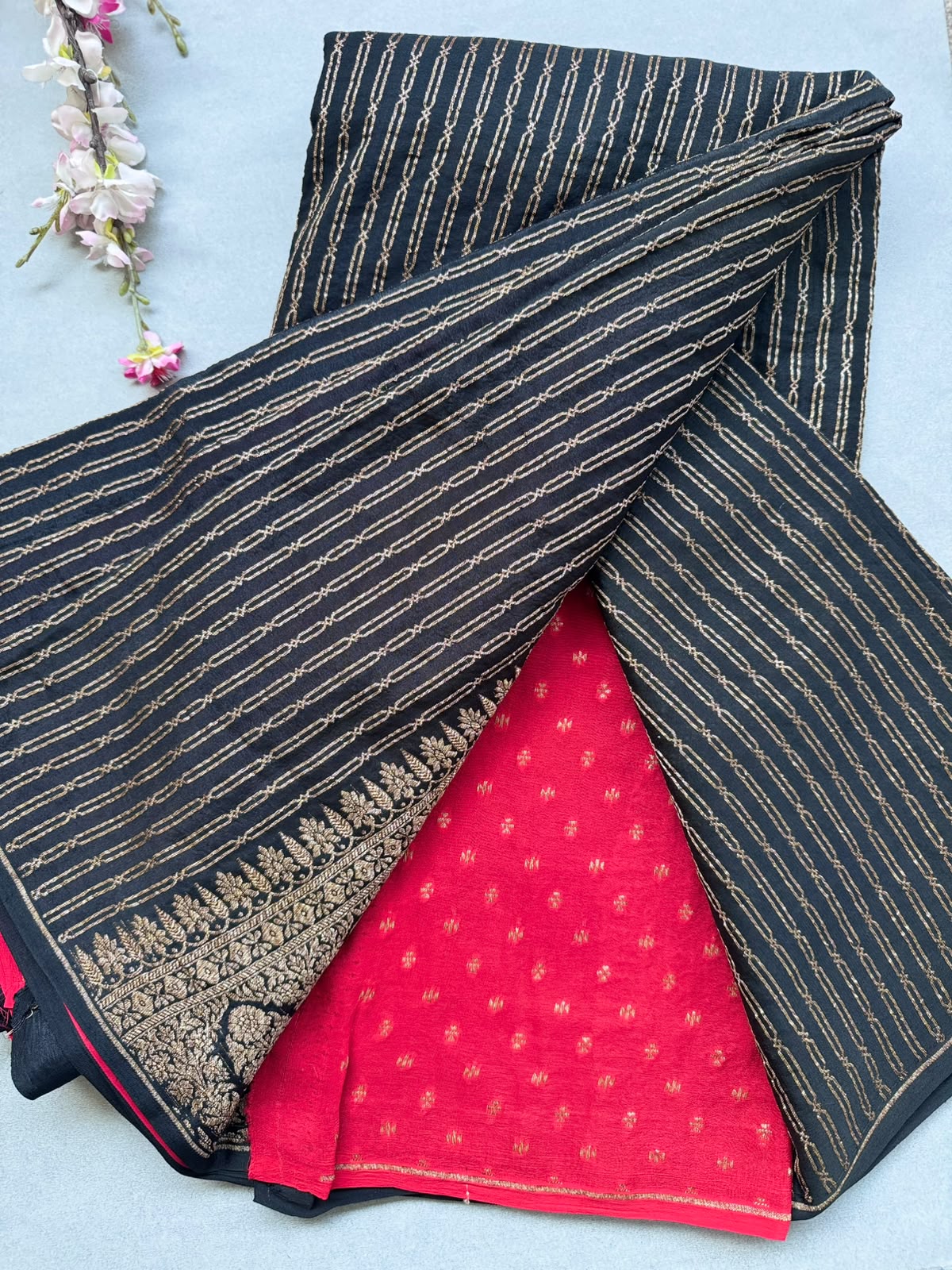 Black Pure Benarasi Crepe with Contrast Blouse Saree 110