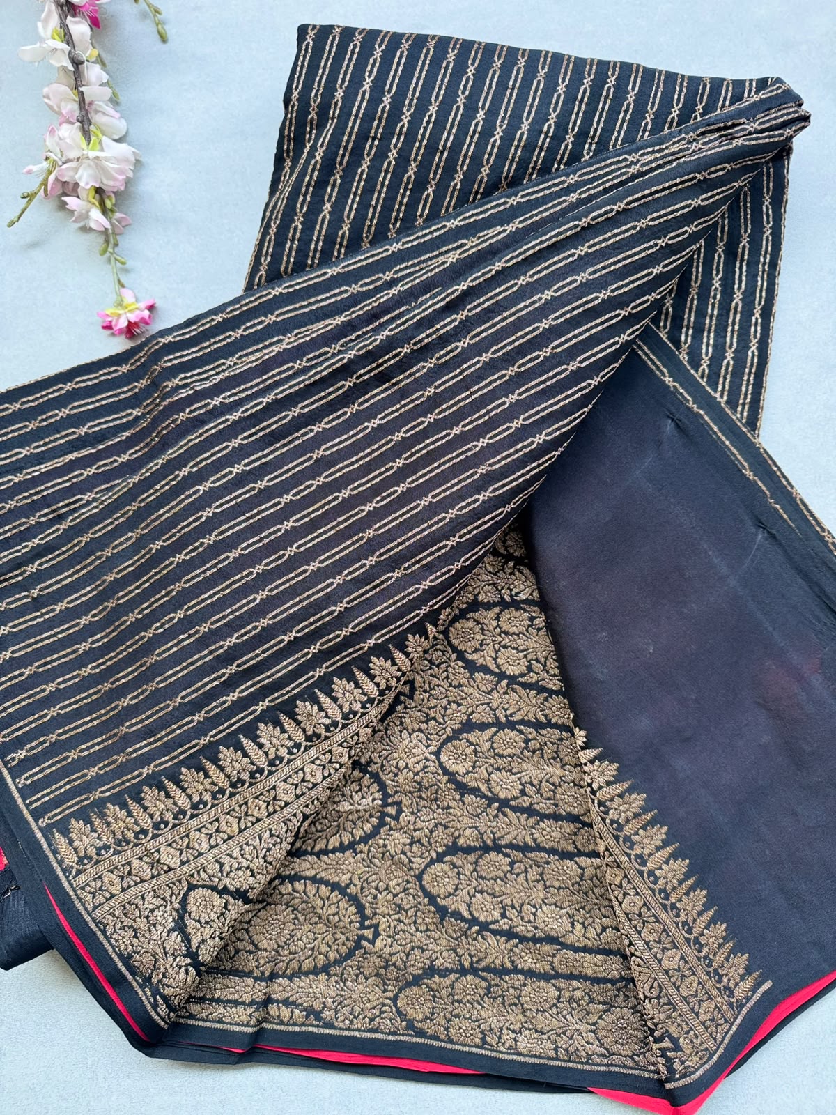 Black Pure Benarasi Crepe with Contrast Blouse Saree 110