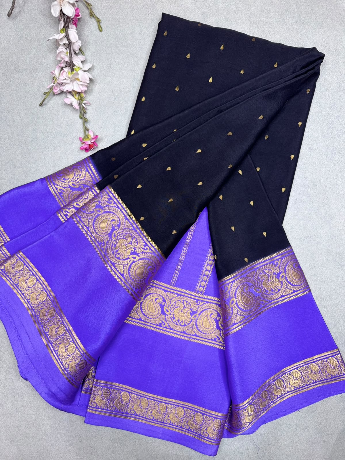 Black Tilaka Butta Pure Mysore Crepe Silk Saree 110