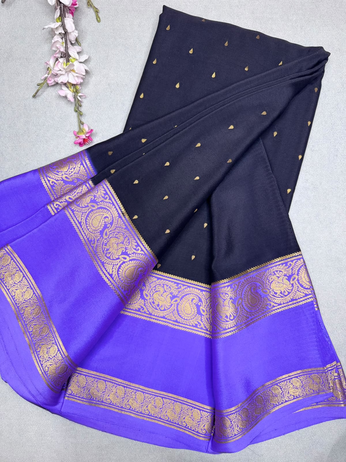 Black Tilaka Butta Pure Mysore Crepe Silk Saree 110