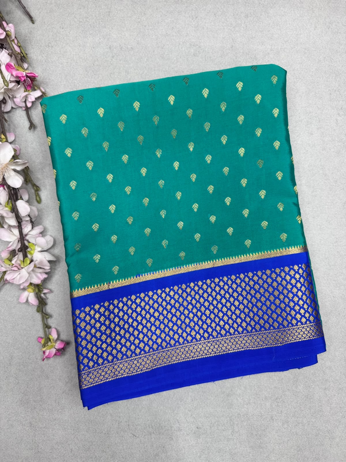 Teal Tilaka Butta Pure Mysore Crepe Silk Saree 110