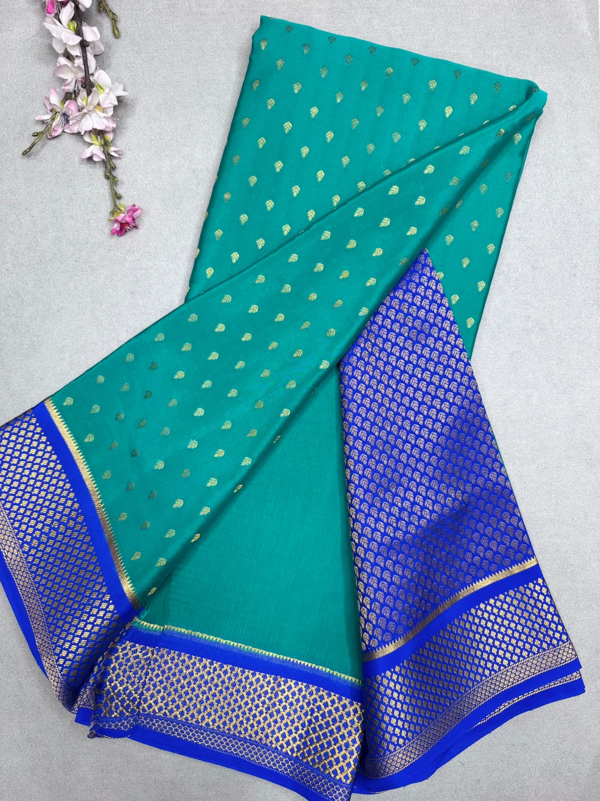 Teal Tilaka Butta Pure Mysore Crepe Silk Saree 110