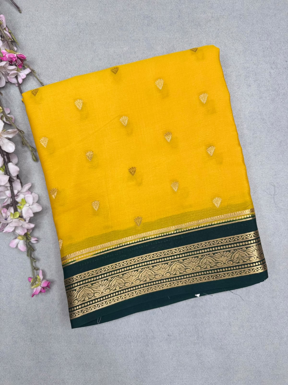 Yellow Tilaka Butta Pure Mysore Crepe Silk Saree 110