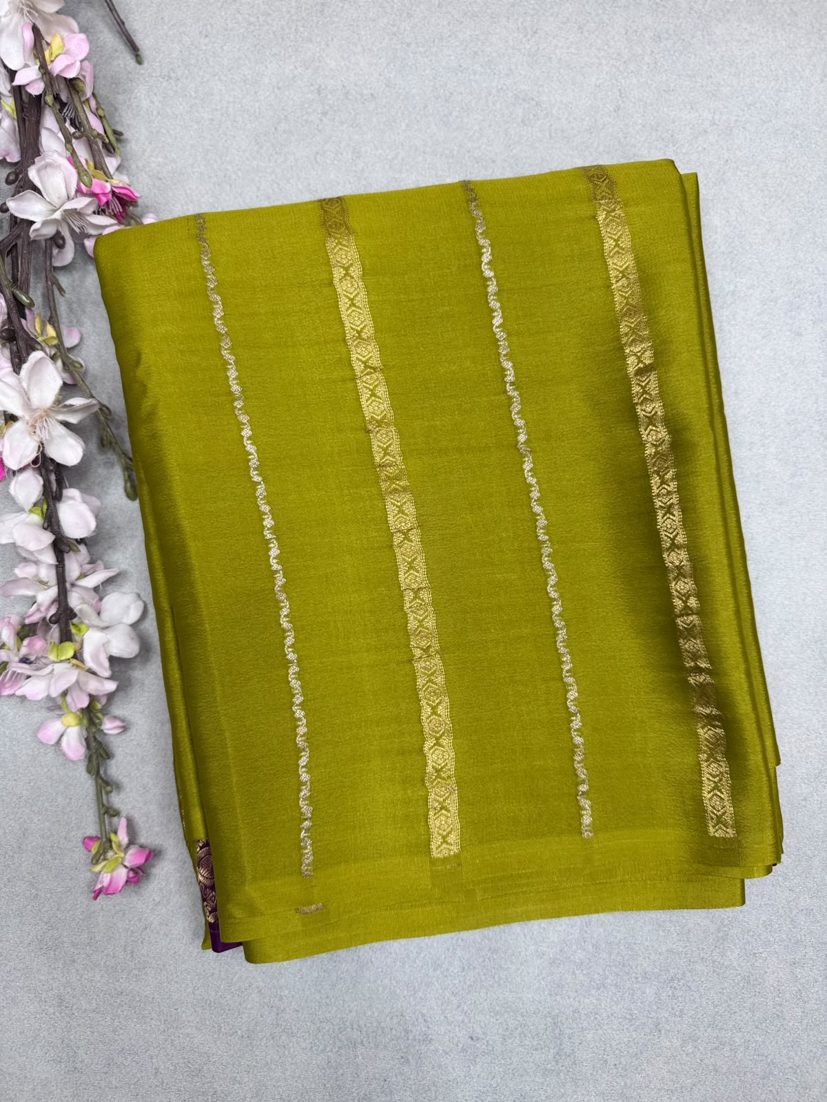 Mehandi Green Stripes Pure Mysore Crepe Silk Saree 110