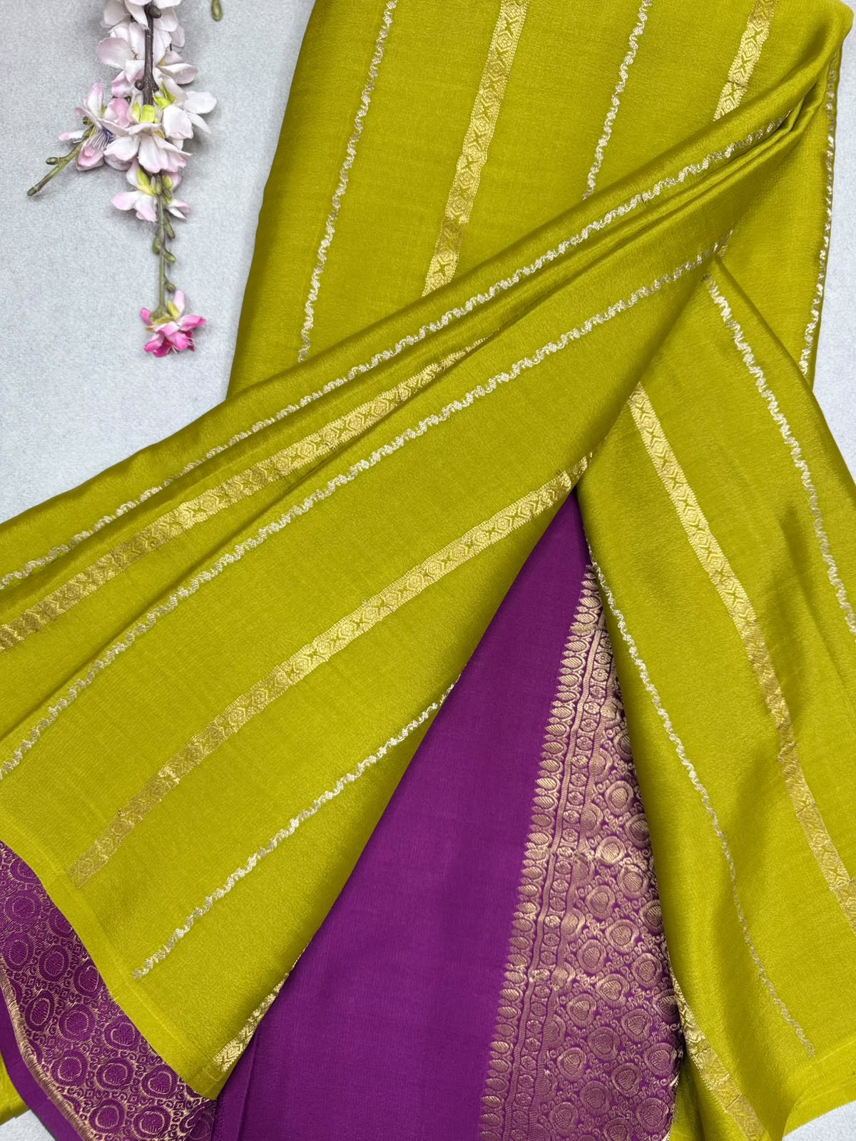 Mehandi Green Stripes Pure Mysore Crepe Silk Saree 110