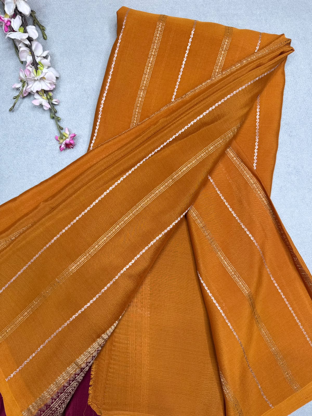 Orange Stripes Pure Mysore Crepe Silk Saree 110