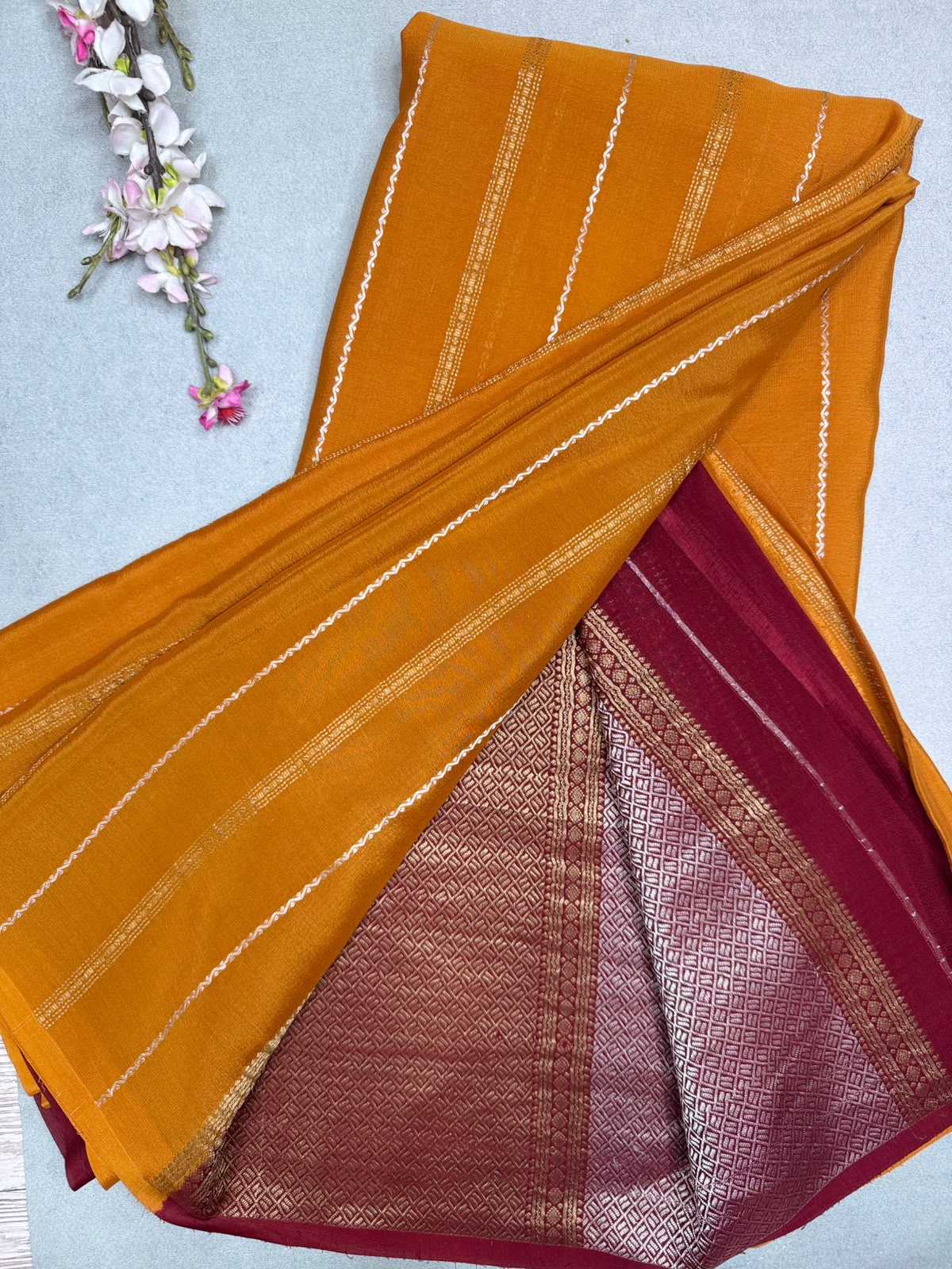 Orange Stripes Pure Mysore Crepe Silk Saree 110