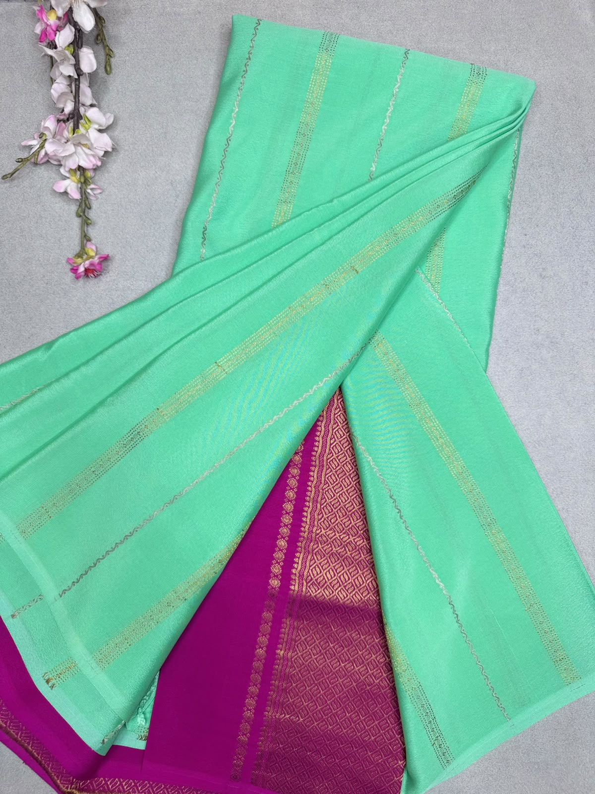 Green Stripes Pure Mysore Crepe Silk Saree 110